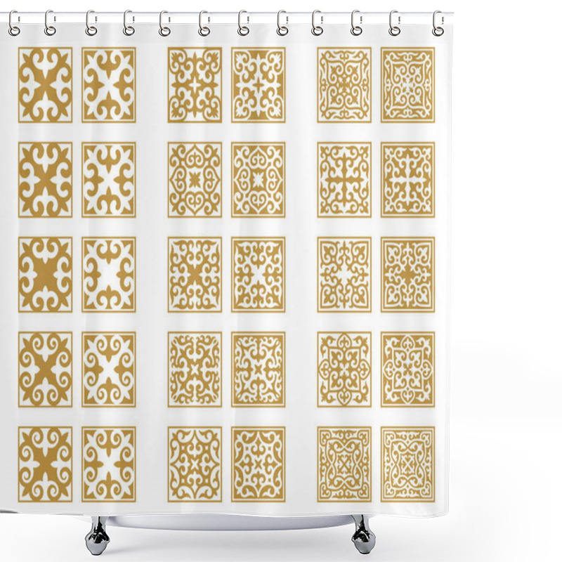 Personality  Vector Set Of Different Gold Ornaments In Kazakh Style Isolated On A White Background. Square Decor In Two Variant The Positive And Negative. Elements Of The National Pattern Of The Ancient Nomads Shower Curtains