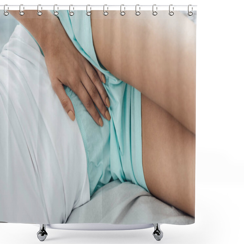 Personality  Partial View Of Young Woman Lying On Bed And Touching Belly Shower Curtains