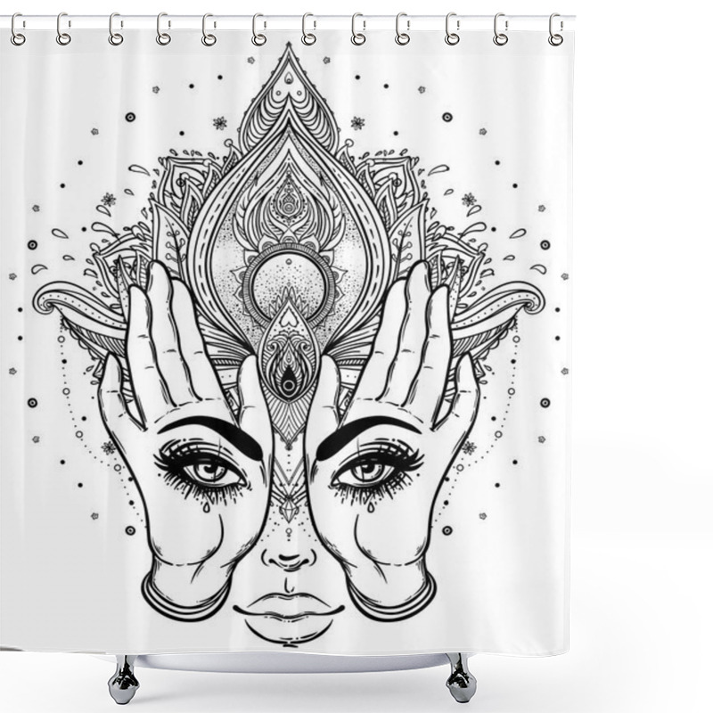 Personality  Mysterious Creature With Eyes On The Hands Over Vector Ornamenta Shower Curtains