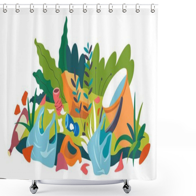 Personality  Ecological Disaster And Catastrophe, Forest Or Woods Contaminated With Garbage And Trash. Environmental Pollution And Problems With Ecosystem. Junk And Litter, Plastic Bags. Vector In Flat Style Shower Curtains