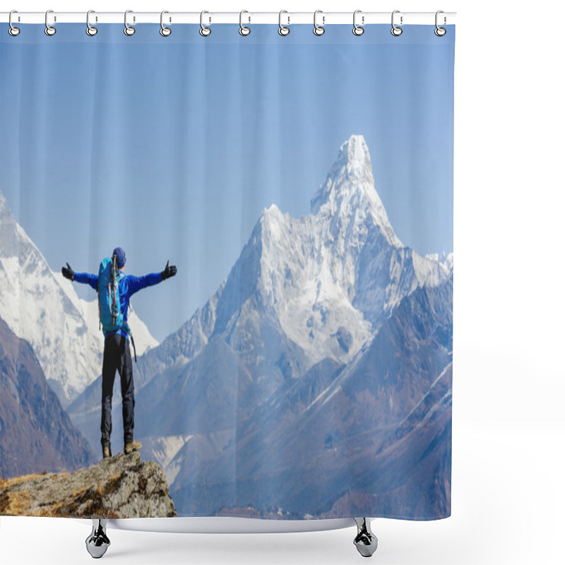 Personality  Hiker Enjoying The View On The Everest Trek In Himalayas, Ama Dablam Mountain View, Nepal Shower Curtains