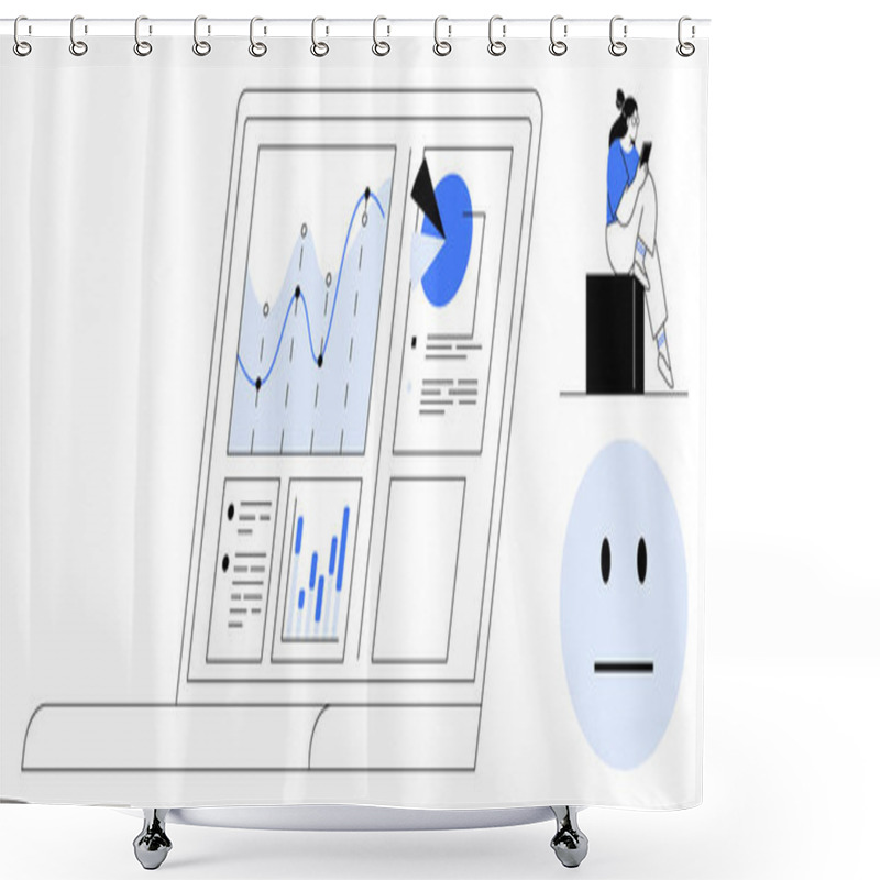 Personality  Laptop Screen Shows Various Charts And Graphs. User Sits Nearby On A Box Using A Smartphone. Blue Neutral Face Emotion Represents Emotion. Ideal For Business, Data Analysis, Remote Work, Technology Shower Curtains