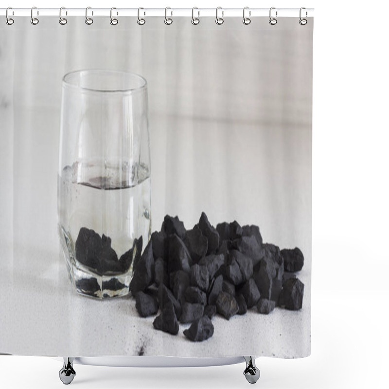 Personality  Russian Shungite Stones On A White Background Used In Alternative Medicine For Water Purification And Recharge Due To High Carbon Content And Metaphysical Properties Shower Curtains