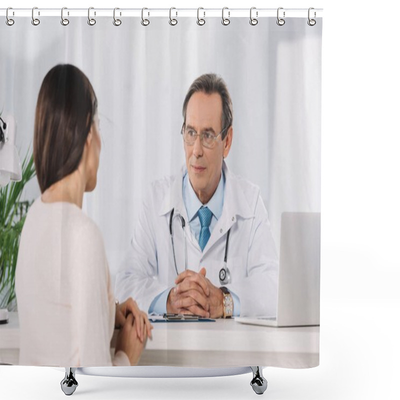 Personality  Male Doctor And Female Patient Sitting At Talking At Clinic Shower Curtains