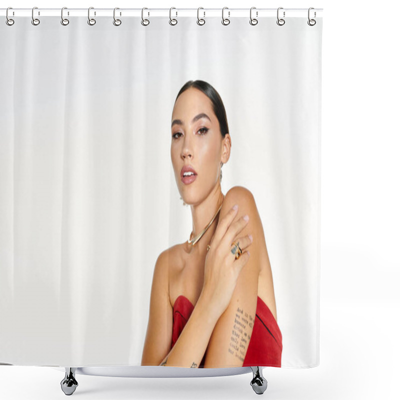 Personality  A Young Woman Confidently Poses While Showcasing Her Unique Style And Elegance In Red. Shower Curtains