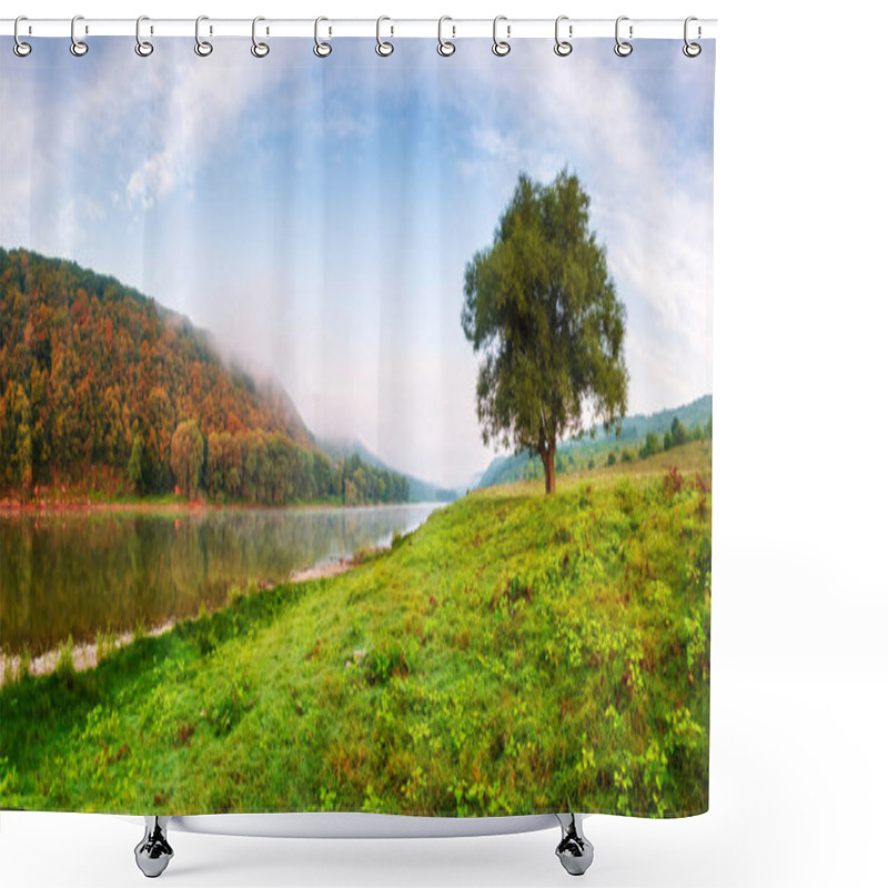 Personality  Majestic Foggy River And Lush Autumn Forest At Sunrise Time Shower Curtains