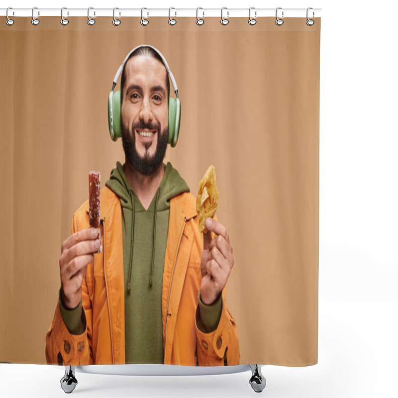 Personality  Happy Arabic Man In Headphones Holding Two Middle Eastern Desserts, Honey Baklava And Churchkhela Shower Curtains