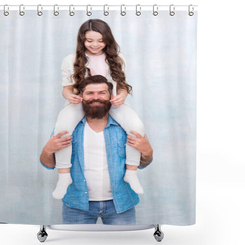 Personality  Fun Time Together. Child And Dad Best Friends. Friendly Relations. Fathers Day Concept. Happy To Be Father. Father And Daughter Having Fun. Playing With Mustache. Celebrate Holiday. Cheerful Father Shower Curtains