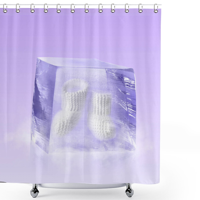 Personality  Conservation Of Genetic Material. Knitted Baby Booties In Ice Cube As Cryopreservation On Violet Background Shower Curtains