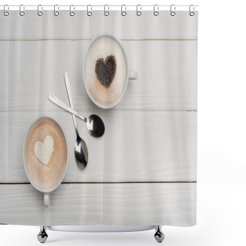 Personality  Top View Of Cups With Cappuccino And Latte Near Spoons On White Wooden Surface  Shower Curtains