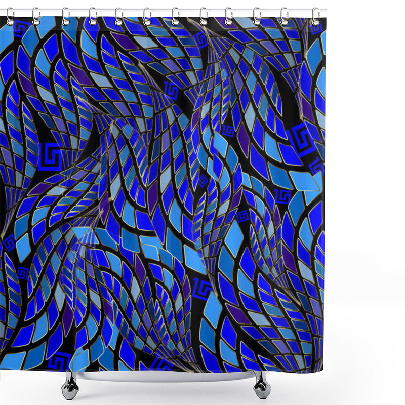 Personality  3d Bright Blue Modern Greek Key Meander Vector Seamless Pattern. Wavy Lines, Squares, Geometric Half Tone Shapes. Mosaic Abstract Creative Background. Elegant Trendy Decorative Design. Endless Texture Shower Curtains