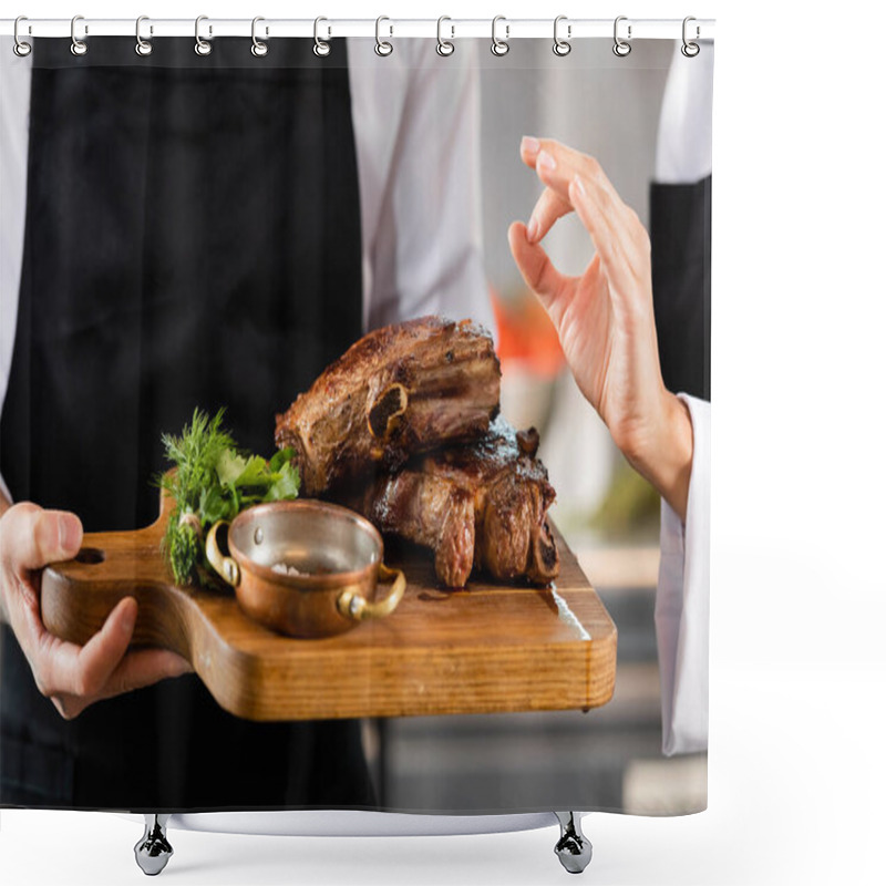 Personality  Cropped View Of Chef Showing Okay Gesture Near Colleague With Roasted Meat On Cutting Board  Shower Curtains