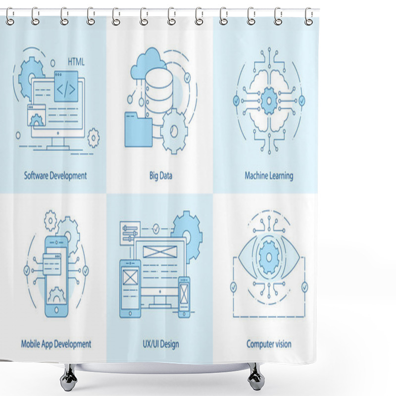 Personality  Mobile App Line Icons. Software Development Icon For Web Design. Big Data And Cloud Technology Concept.   Shower Curtains