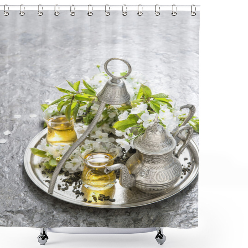 Personality  Tea Glasses And Pot. Oriental Silver Tableware. Flowers Decorati Shower Curtains