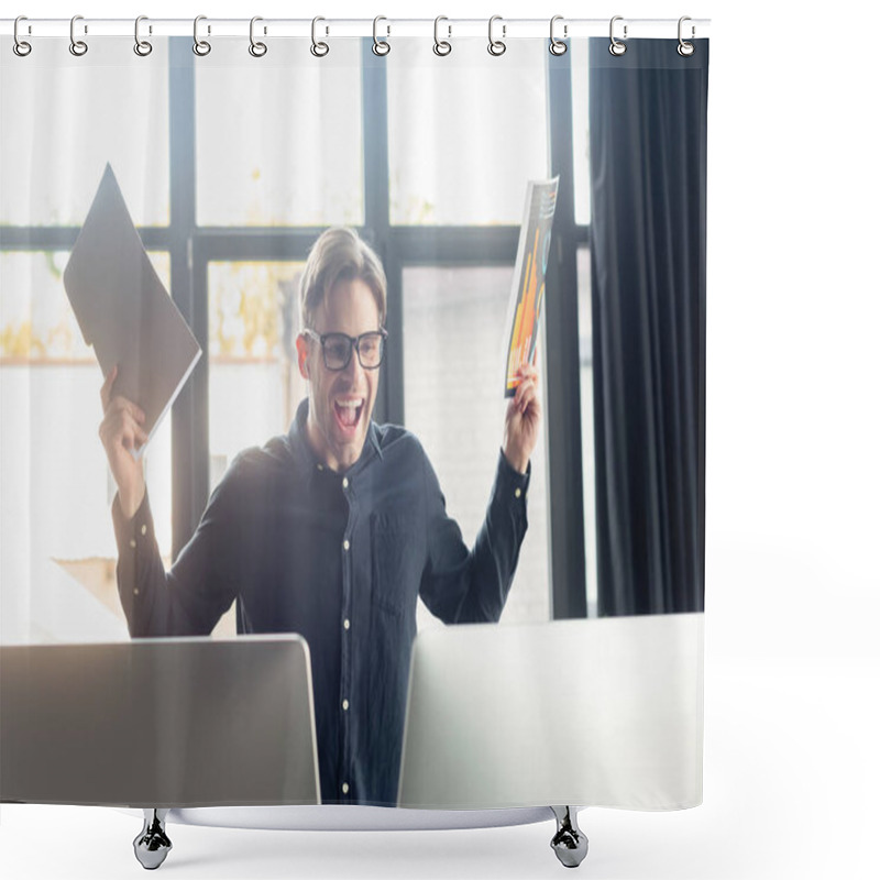 Personality  Excited Programmer Holding Paper Folder And Document Near Computers In Office  Shower Curtains