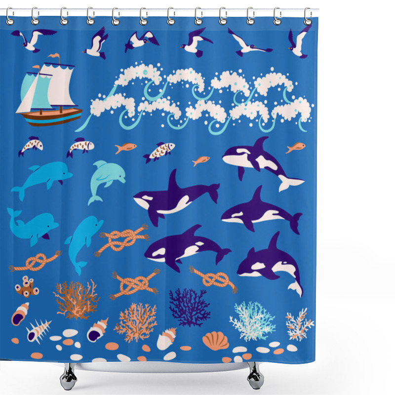 Personality  Nautical Cartoon Set: Dolphins, Whales-killers, Fish, Seagull, C Shower Curtains