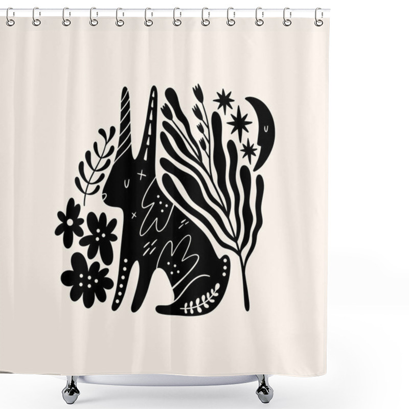 Personality  Hare Or Bunny Woodland Animal Drawing In Ornate Rural Folk Scandinavian Style. Shower Curtains