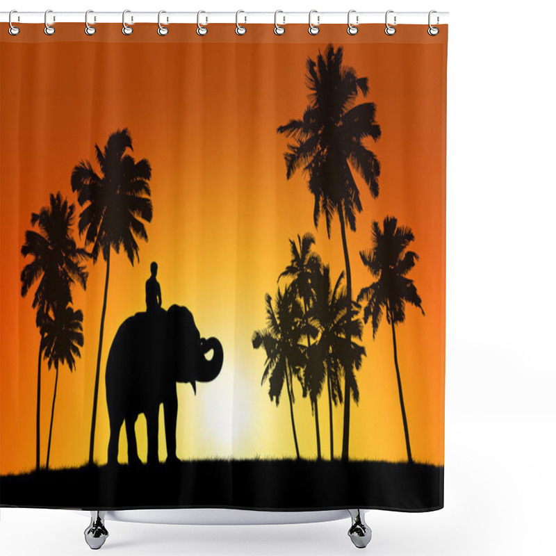 Personality  Elephant And A Rider On Tropical Sunset Background Shower Curtains