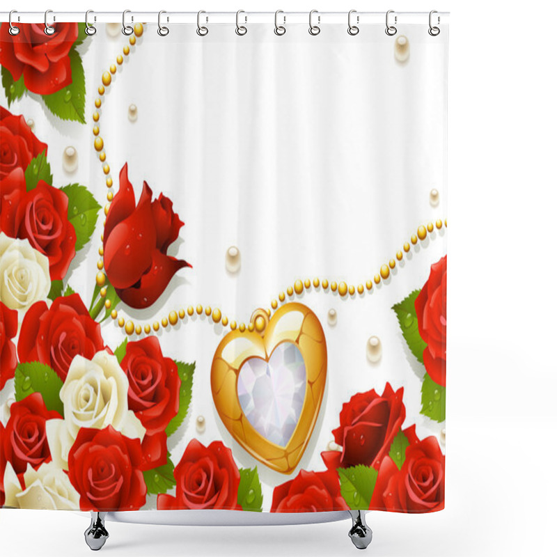 Personality  Postcard With Roses, Pearls And Medallion In The Shape Of Heart Shower Curtains