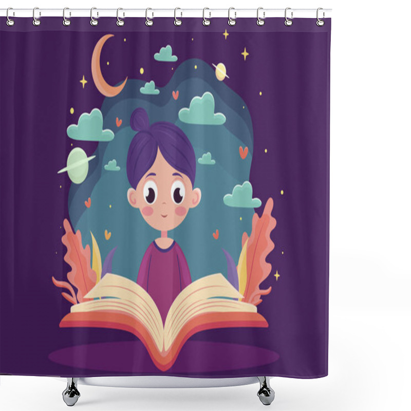 Personality  Children Reading, Girl Reading An Interesting Book, Book Immersion Concept, Interesting Stories, World Book Day, Children's Book Day, Cartoon Illustration, Poster, Banner, Postcard, Background   Shower Curtains