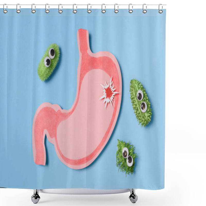 Personality  Paper Cutout Pink Stomach With An Inflamed Spot Is Attacked By Cartoon Bacteria, Symbolizing Infection, Gastritis, Or Digestive Issues Shower Curtains