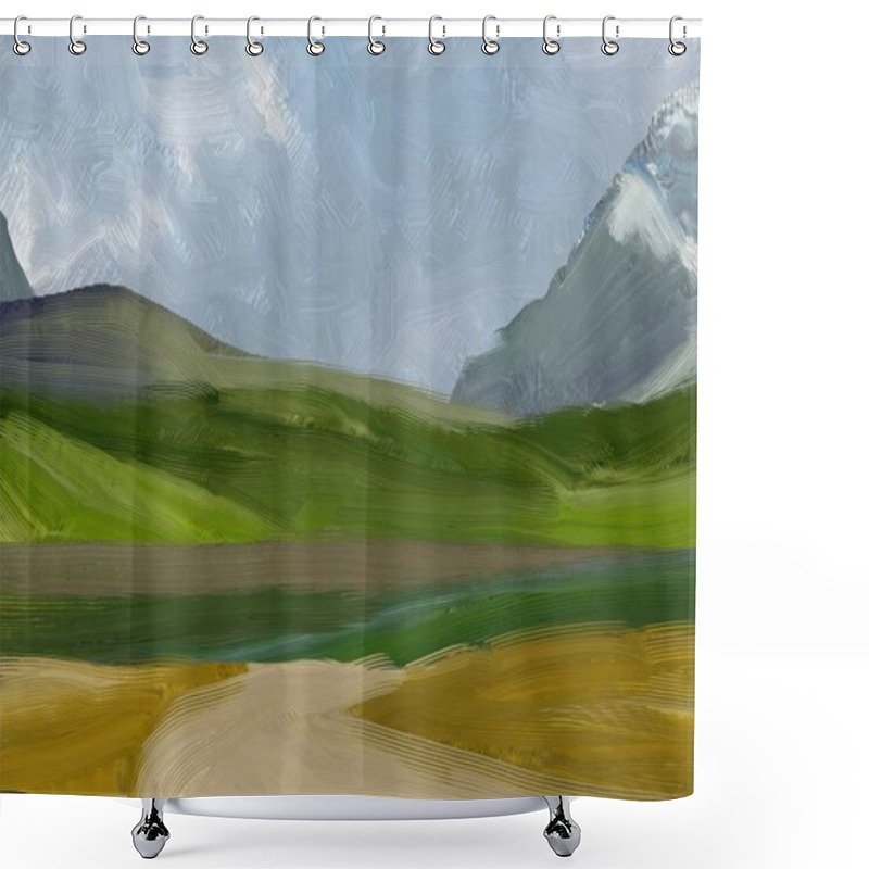 Personality  Colorful Green Countryside Field And Grass. Summer Time. 2d Illustration. Oil Painting Landscape Art. Rural Mountain Region. Shower Curtains