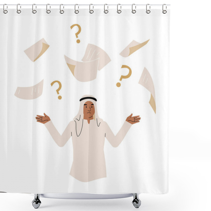 Personality  A Confused Arab Man In Traditional Attire Raises His Hands As Papers And Question Marks Float Around Him, Symbolizing A 404 Error, Website Issues, And Online Navigation Problems. Shower Curtains