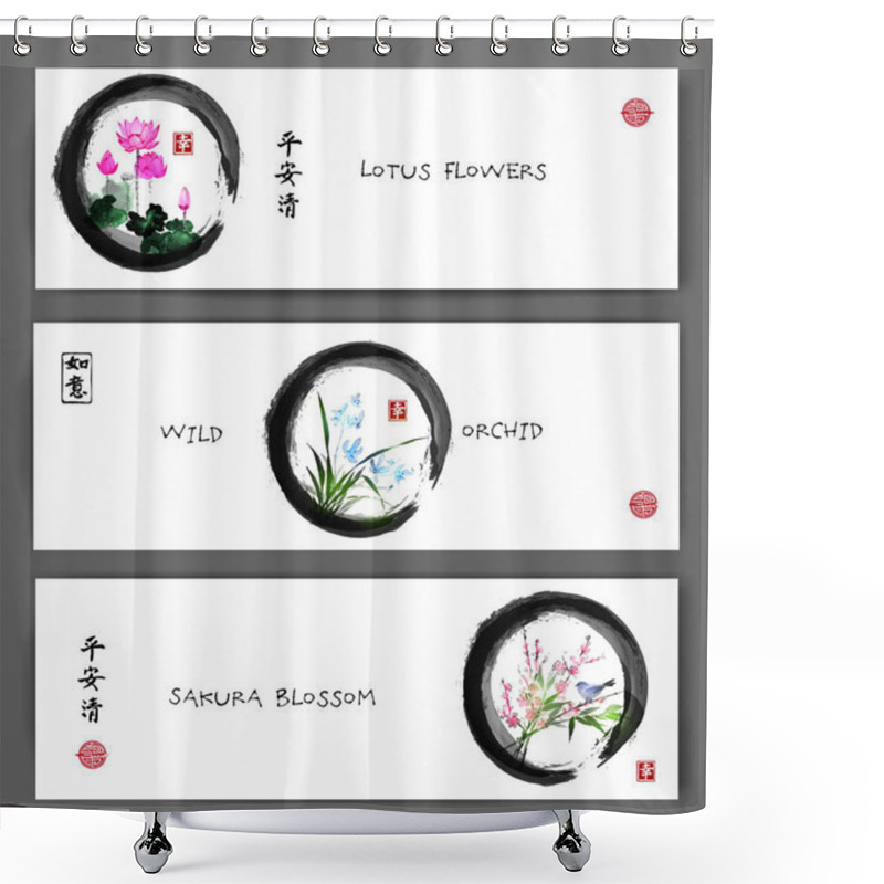 Personality  Three Banners With Lotus And Orchid With Sakura Shower Curtains