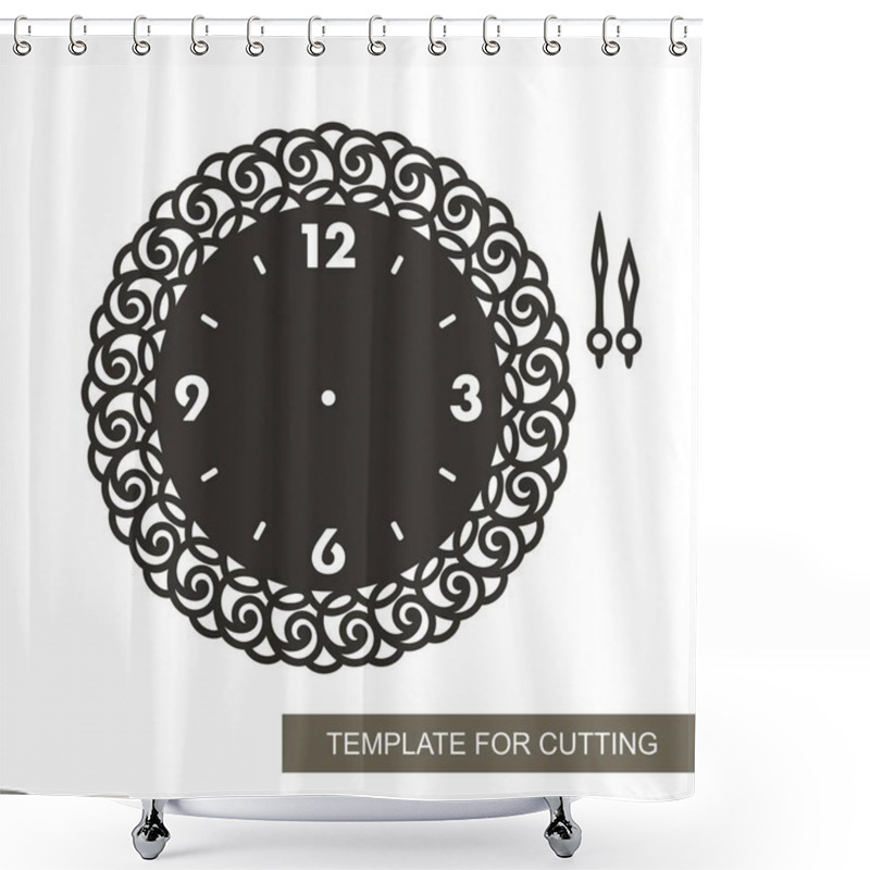 Personality  Openwork Dial With Arrows And Arabic Numerals. Silhouette Of Clock On White Background. Decor For Home. Template For Laser Cutting, Wood Carving, Paper Cut And Printing. Vector Illustration. Shower Curtains