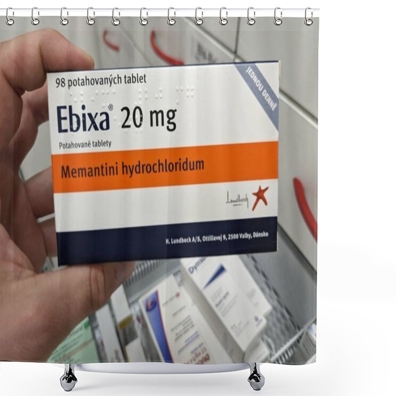 Personality  Prague, Czech Republic - July 10 2024: EBIXA Box Of Medication With MEMANTINE Active Substance By LUNDBECK, Used For Treatment Of Alzheimer's Disease And Dementia. Shower Curtains