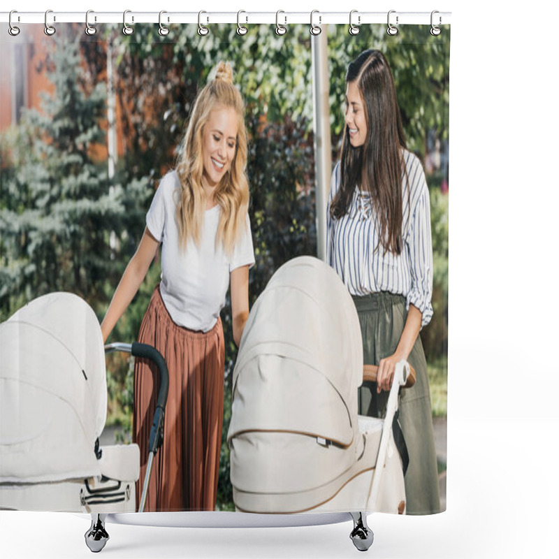 Personality  Smiling Mothers Looking At Baby Strollers In Park Shower Curtains