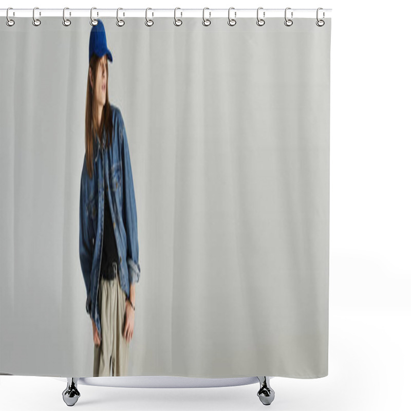 Personality  A Trendy Young Man Showcases His Fashion Sense Against A Minimalist Backdrop. Shower Curtains