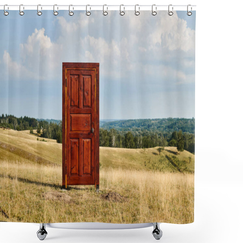 Personality  Object Photo Of Red Contemporary Wooden Closed Doors In Green Spring Field, Scenic Landscape Shower Curtains