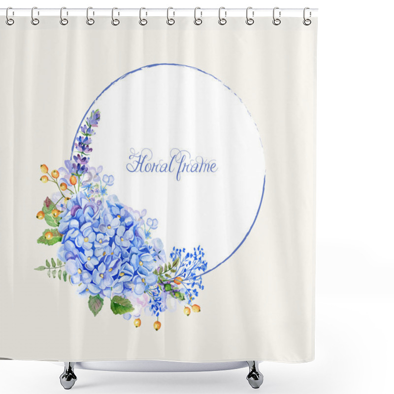 Personality  Vector Round Frame Of Blue Hydrangea And Other Flowers. Shower Curtains