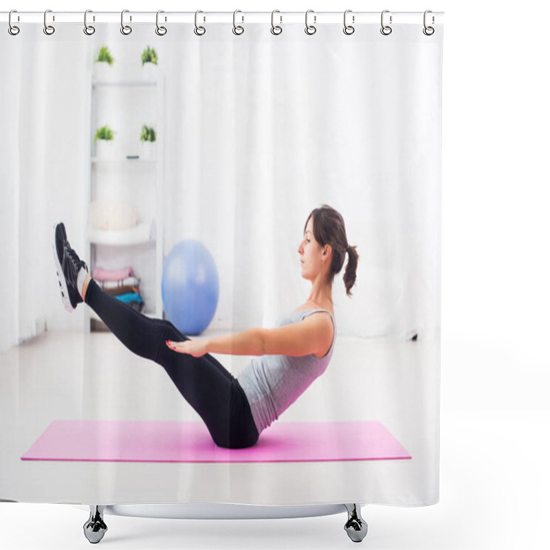 Personality  Woman Doing Abdominal Exercise On Mat At Home Stretching Pilates Yoga Fitness, Sport, Training. Shower Curtains