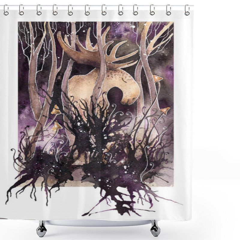 Personality  Magic Night Forest With The Elk Deer, Forest Spirit. Magical Woodland, Wild Nature Watercolor Wall Art Shower Curtains