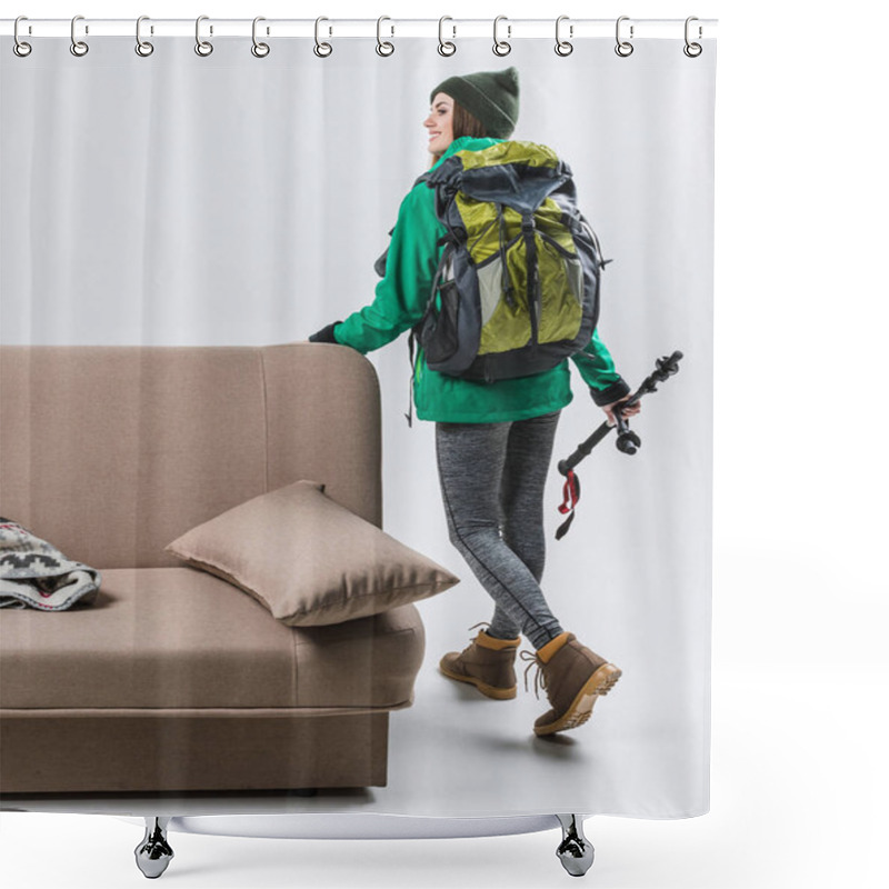 Personality  Young Happy Hiker In Warm Clothing With Backpack Ready To Travel Shower Curtains