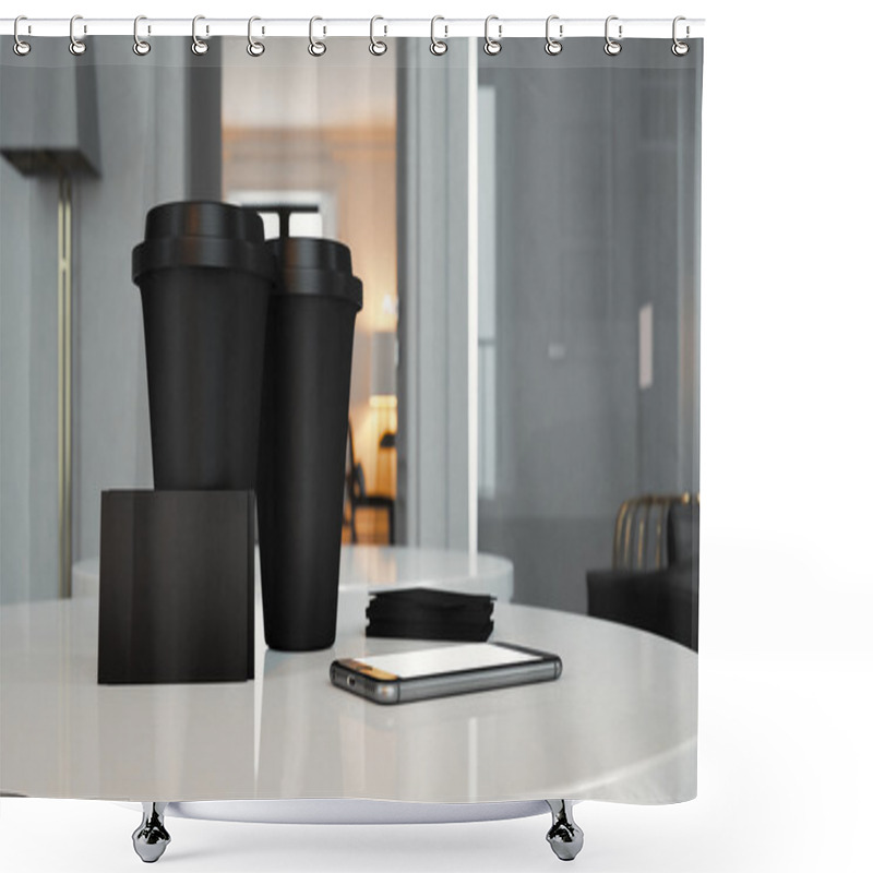 Personality  Set Of Two Black Take Away Cups, Blank Business Cards And Generic Design Smartphone On The Table. 3d Render Shower Curtains