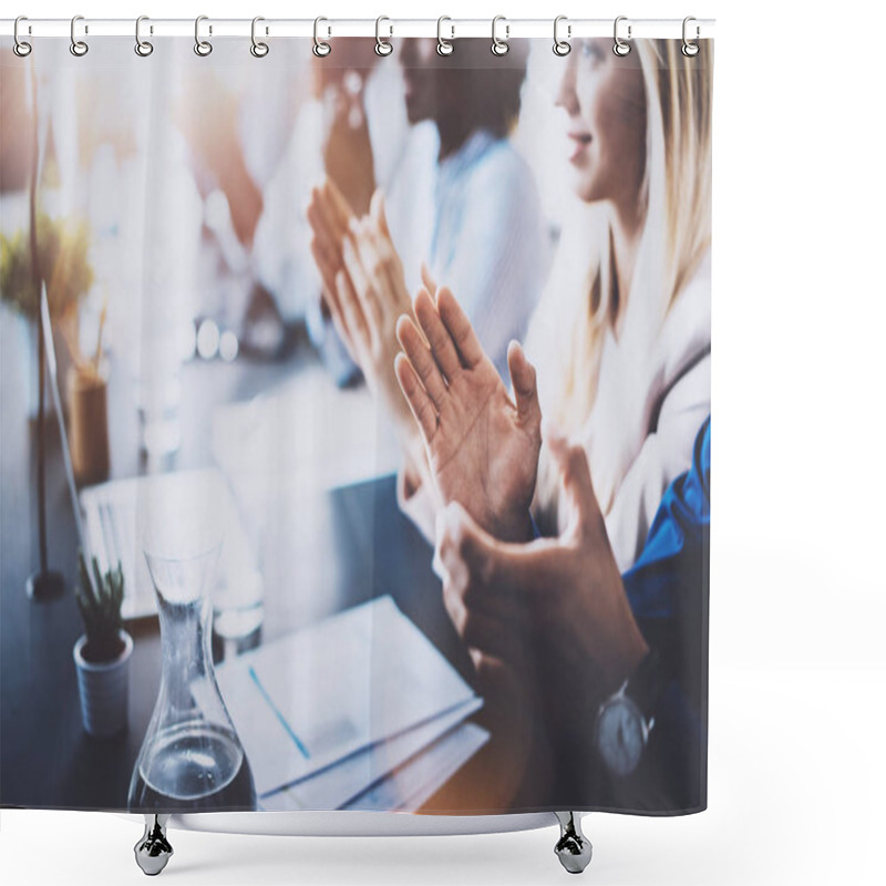 Personality  Close Up View Of Young Business Partners Applauding To Reporter After Listening Report At Seminar. Professional Education, Work Meeting, Presentation Or Coaching Concept.Horizontal,blurred Background. Shower Curtains