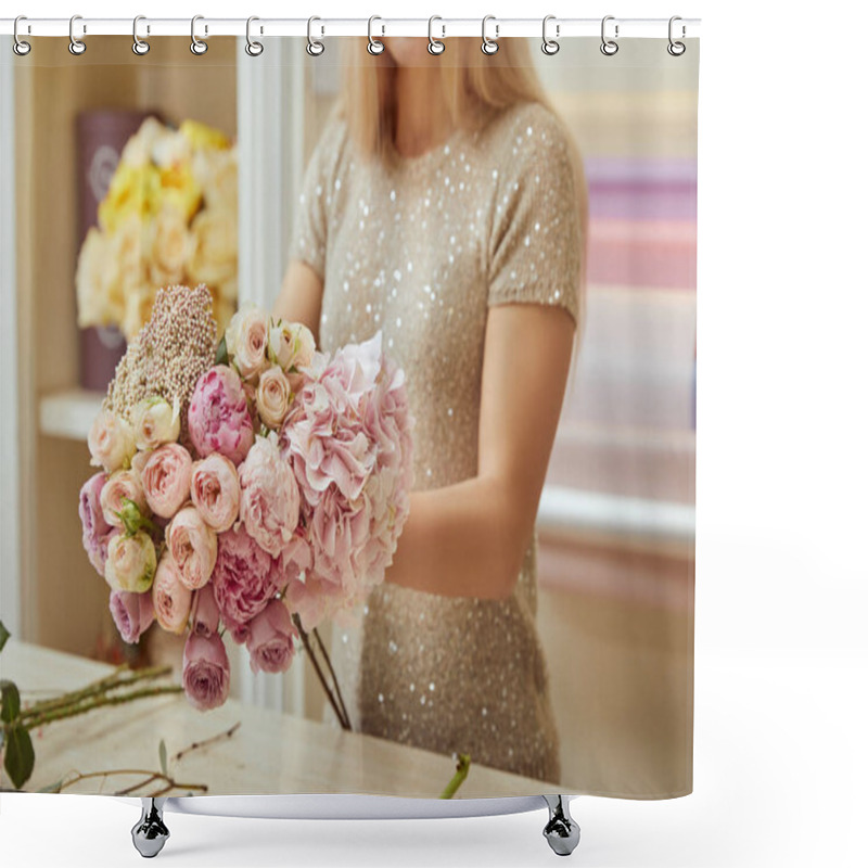 Personality  Cropped View Of Florist Making Bouquet Of Roses And Peonies At Workspace Shower Curtains