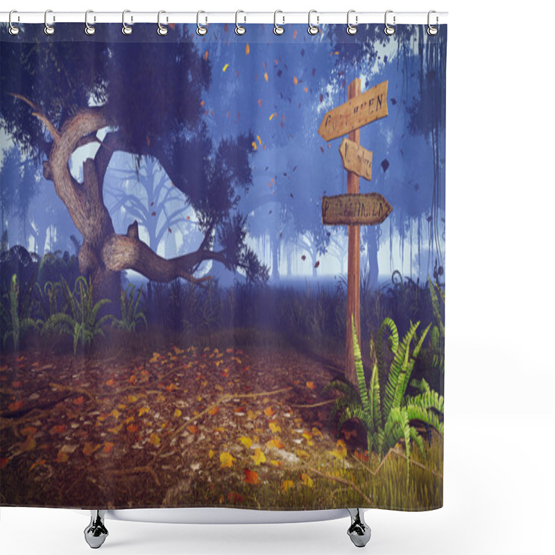 Personality  Wooden Signpost In A Creepy Forest Shower Curtains