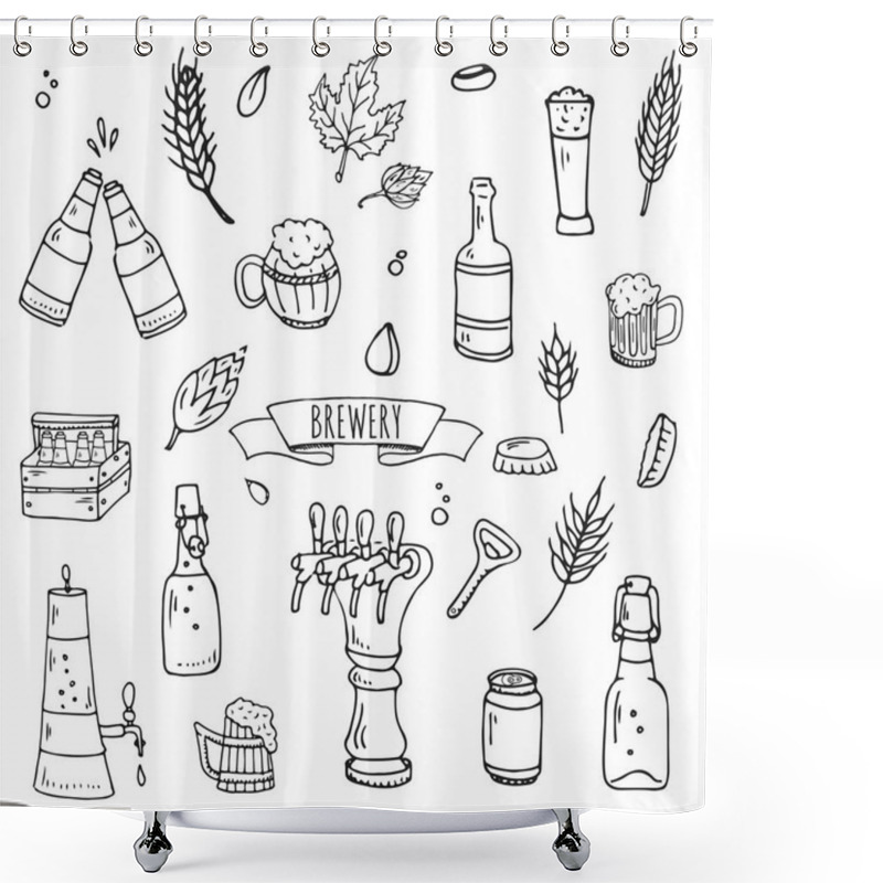 Personality  Hand Drawn Doodle Set Of Brewery Icons. Vector Illustration Set. Cartoon Craft Beer Production Symbols. Sketchy Brewing Elements Collection: Pub Equipment, Malt, Hop, Glass, Barrel, Mill, Beer Tap. Shower Curtains