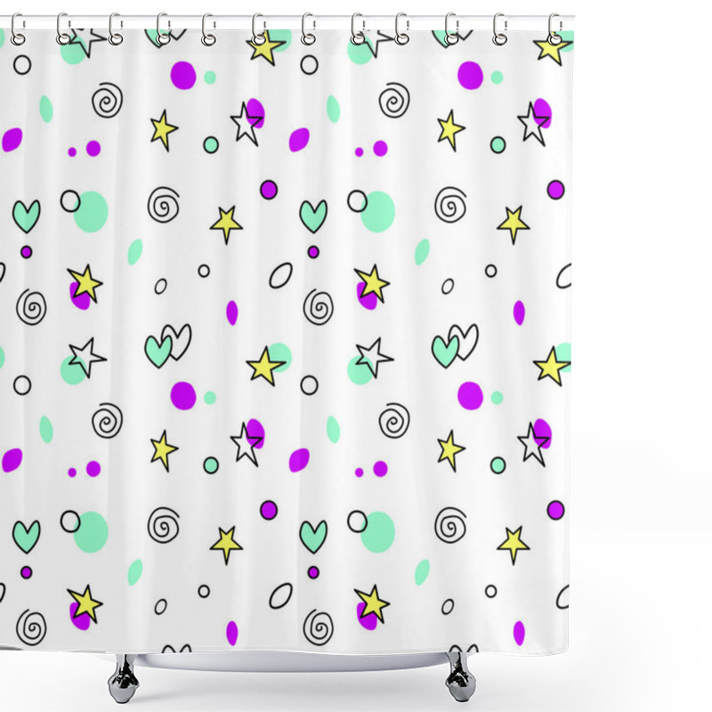 Personality  Seamless Pattern Of Simple Vector Outline Bright Elements Stars Hearts Points Circles Rounds Rings Spirals Helixes On White Background. For Greeting Cards, Wrapping Paper, Birthday, Fabric, Textile, Web. Shower Curtains