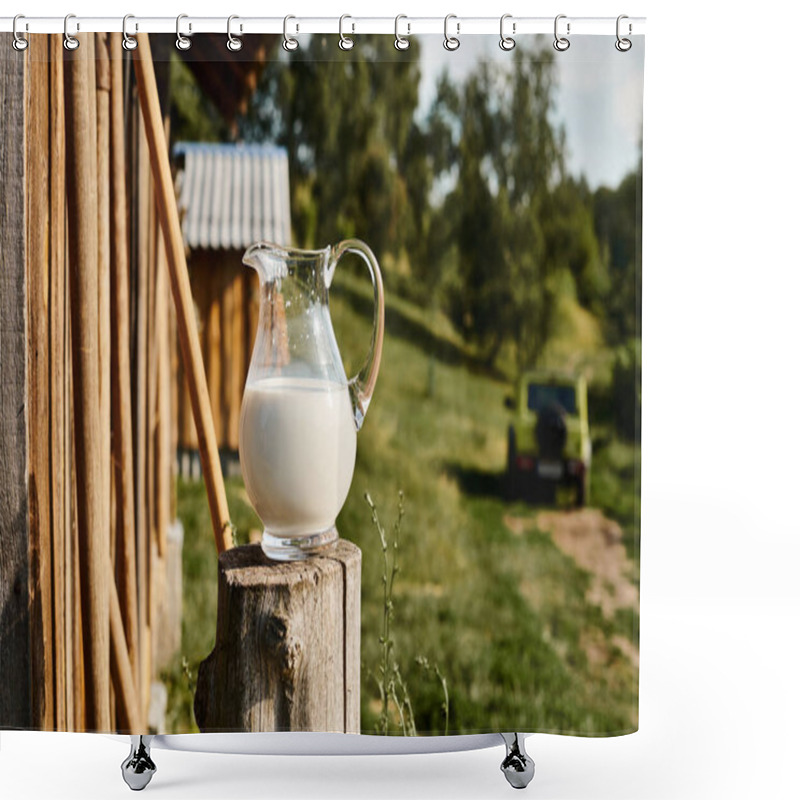 Personality  Object Photo Of Big Jar Of Fresh Tasty Milk Placed Outside Nearby Village House On Modern Farm Shower Curtains