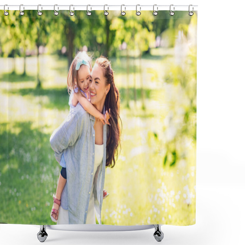 Personality  Family, Motherhood And People Concept - Happy Mother With Little Daughter Having Fun At Summer Park Shower Curtains