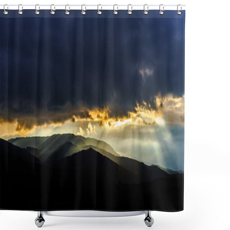 Personality  Beautiful Sun Rays Through The Clouds Over Mountains Shower Curtains