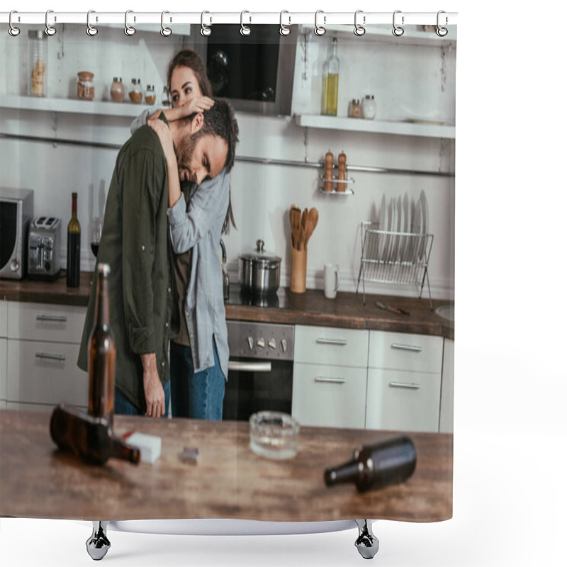 Personality  Selective Focus Of Woman Calming Down Worried Husband With Alcohol Addiction At Kitchen Shower Curtains