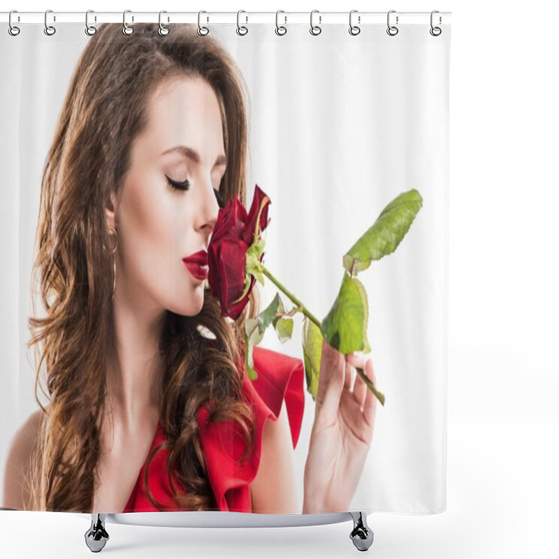 Personality  Stylish Girl Sniffing Rose With Closed Eyes Isolated On White, Valentines Day Concept   Shower Curtains