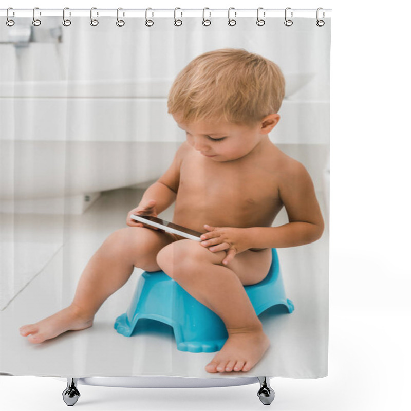 Personality  Adorable Toddler Boy Sitting On Potty And Using Smartphone  Shower Curtains