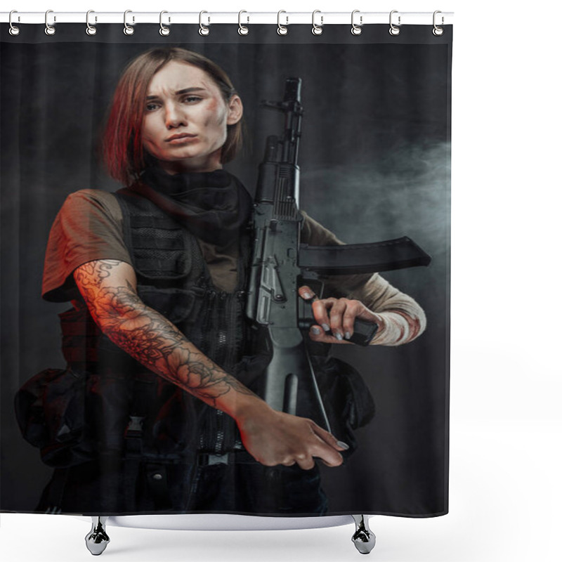 Personality  Sad Female Soldier With Rifle On Her Shoulder In Foggy Background Shower Curtains